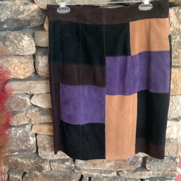 WORTH genuine Leather vintage patch Skirt geometric patchwork squares 8 💜🤎 boho - Picture 3 of 5